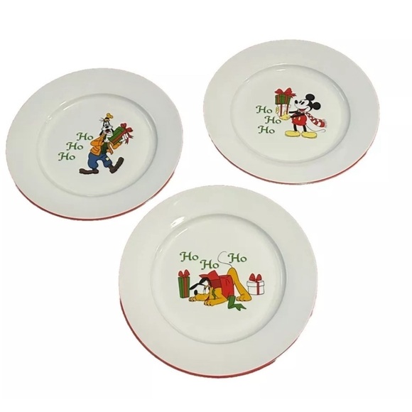 Disney Mickey Pluto Goofy VTG Ho Ho Ho Holiday Christmas Set Of 3 Dinner Plates - Picture 1 of 6